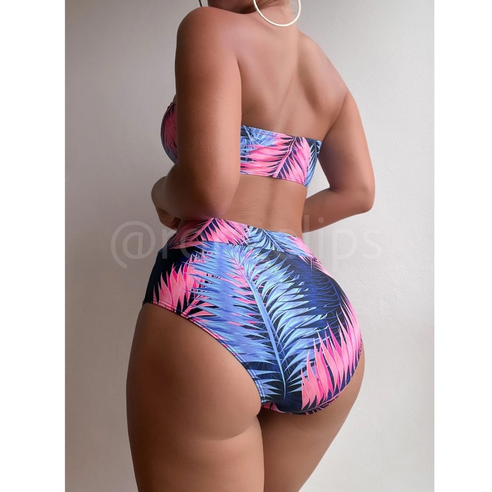 Tropical Print Blue Pink 3 Piece Swim Set Kimono Bandeau Top + Bottoms - Picture 5 of 7